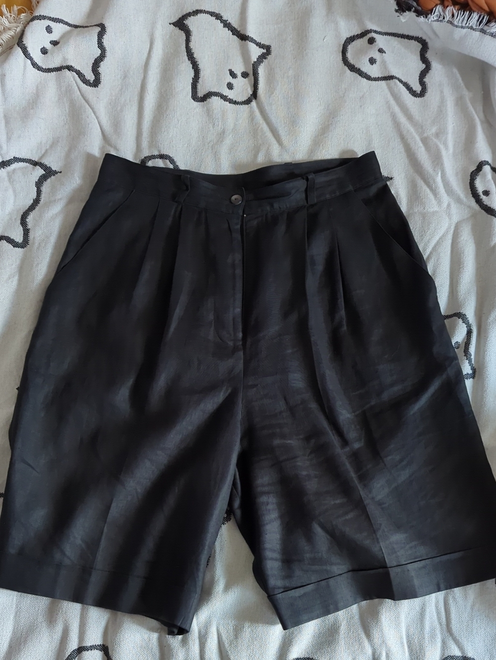 Vintage Black Linen High-rise Pleated Wide Leg Walking Shorts - M/8-10